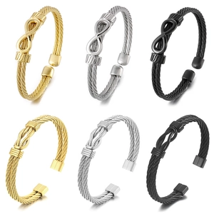 Men Stainless Steel Cable Wire Braided Cuff Bracelet Infinity Symbol Knot Industrial Modern Open Bangle Jewelry