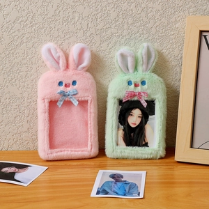 Plush Rabbit Ear Photocard Holder Keychain Cute Korean Style Soft Faux Fur Card Case With Transparent Window For Student ID