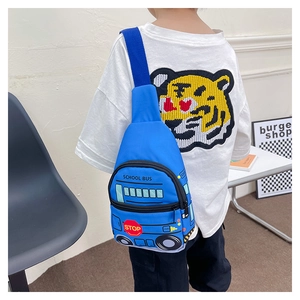 Detail of blue school bus kids chest bag with school bus and stop sign prints