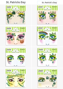 Macro detail of St. Patrick's Day green clover face stickers with glitter and gems