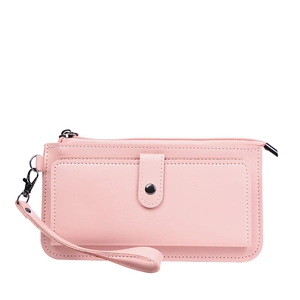 Pink long multi-functional women's wallet in PU leather with zipper and hand strap
