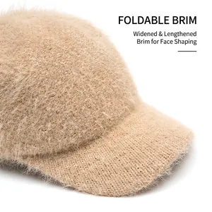 Plush beige knit baseball cap with foldable wide brim for facial contouring effects