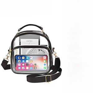 Detail view of transparent crossbody bag showing two pockets for phone and daily essentials