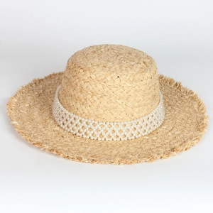 Raffia Straw Boater Hat Flat Top Wide Brim Frayed Edge Artificial Pearl Band Summer Beach Vacation For Women