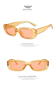Detailed front and side views of transparent orange rectangular punk sunglasses