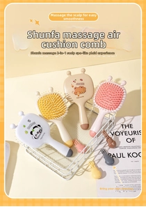 Close-up of four colorful cartoon hairbrushes with cleaning tools in a minimalist basket