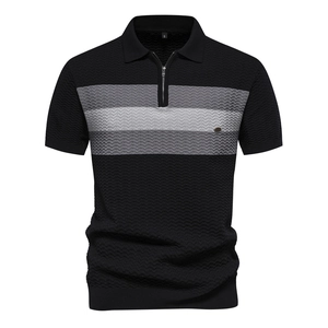 Detail of men's polo shirt showing premium textured knit fabric and zip collar design