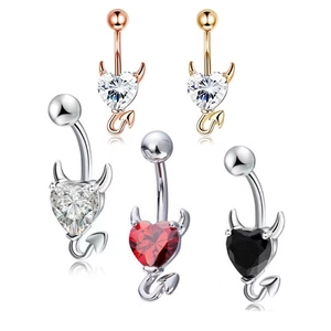 316L stainless steel devil heart belly rings in silver, gold and rose gold finishes
