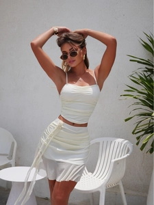 Ruched Camisole Top 3D Flower Mini Skirt And Bikini Bottom Swimsuit For Women Sexy Solid Color Vacation Beachwear Nylon