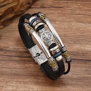 Men Multi Layer Braided Leather Bracelet Retro Viking Compass Skull Adjustable Alloy Turquoise Ethnic Handmade Wristband