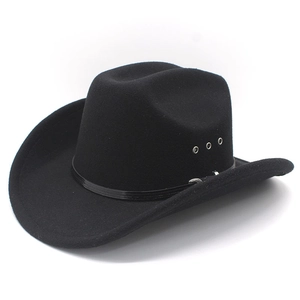 Classic black wool western cowboy hat with silver eyelets and wide upturned brim