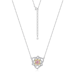 Elegant S925 sterling silver flower necklace with pink ice cut carbon diamond pendant