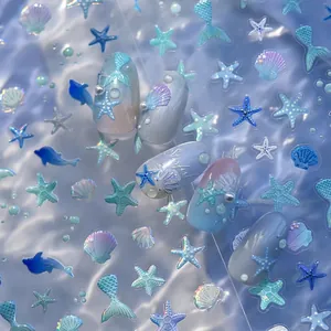 Stickers ongles 3D relief thème marin avec coquillages, étoiles de mer et dégradés