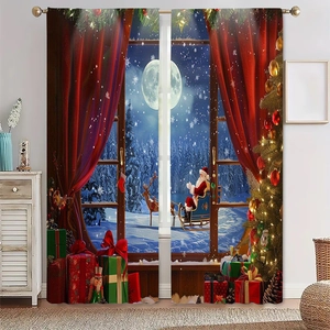 Détail du motif sapin de Noël et Père Noël sur rideaux occultants en polyester