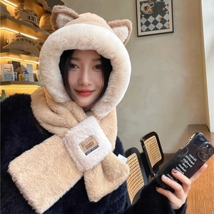 Set sciarpa con cappuccio e orecchie di gatto in peluche beige e bianco per l'inverno
