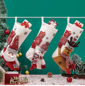 Detailed view of 3D Santa, Snowman and Reindeer Christmas stockings on a festive green backdrop