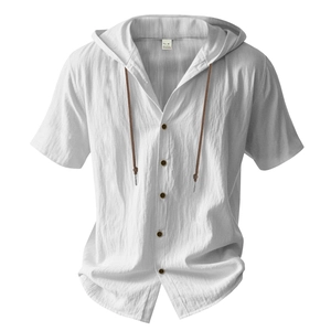 Detailed texture of white linen hooded short sleeve shirt with brown drawstrings and buttons
