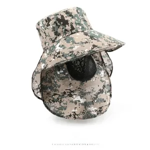 Detail of camouflage outdoor sun hat showing breathable mesh mask and neck flap