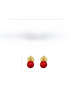 Detailed view of red floral stud earrings showing 1.5cm height and 1cm width dimensions