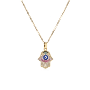 Gold Hamsa Hand necklace with blue eye and colorful zircon stones on white background