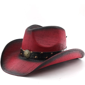 Western Cowboy Hat Gradient Red Black Paper Straw Breathable Sun Protection Beach Vacation Style For Men Women With Star Rivet Leather Belt