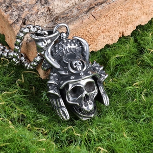Gothic skull pendant with samurai helmet design on mossy wood and square pearl chain