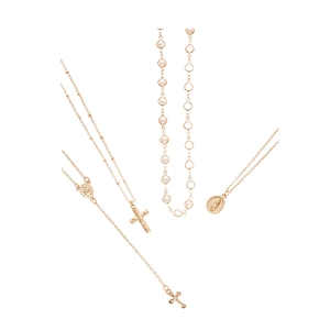 Gold multilayer necklace set with cross pendant, Virgin Mary medal, and faux pearls