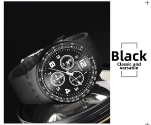 Detailaufnahme einer schwarzen Sportuhr mit Tachymeter-Lünette und Silikonarmband