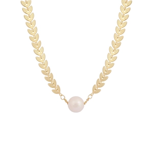 Elegant gold leaf chain necklace with a large white pearl pendant on a white background