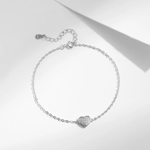 Elegant S925 sterling silver heart pendant bracelet with sparkling pavé stones
