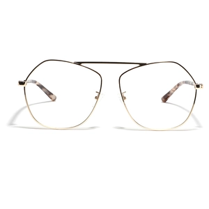 Polygonal gold metal pilot sunglasses with double bridge and tortoiseshell temples