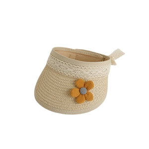 Kids straw sun visor hat with yellow flower and lace trim for summer beach wear