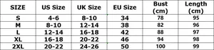 Detaillierte Größentabelle für schulterfreies Rüschenkleid mit US, UK und EU Maßen
