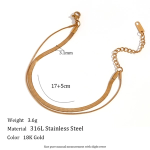 Elegant 18K gold plated stainless steel double layer snake chain bracelet for women