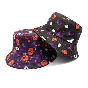 Halloween bucket hats in black and purple with pumpkin, ghost, and bat festive patterns