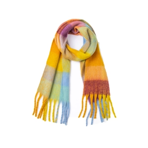 Colorful rainbow plaid faux mohair scarf with thick fringe for autumn winter seasons