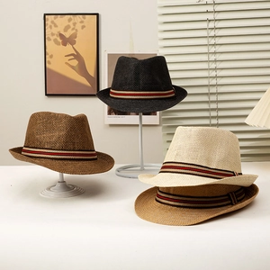 Men's summer straw fedora hats in multiple colors with striped band for sun protection