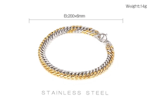 Detail of two-tone stainless steel curb chain bracelet showing 200x6mm size and 14g weight