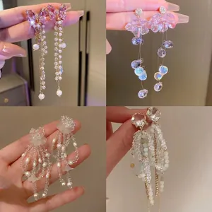 Silver needle butterfly flower tassel earrings with pearls and crystals for women