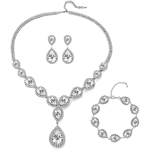 Silver bridal jewelry set with sparkling teardrop rhinestones and necklace earrings