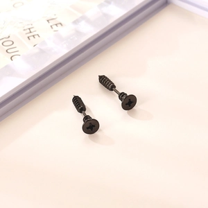 Minimalist matte black screw-shaped stud earrings in punk industrial titanium steel