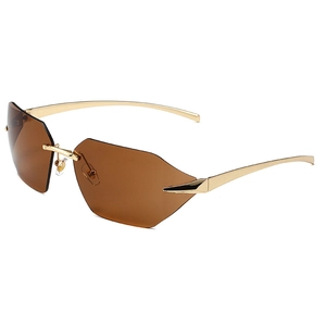 Frameless brown oversized sunglasses with gold metal temples and trendy irregular lenses
