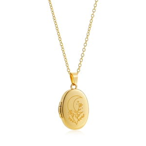 Detail showing an 18K gold-plated oval locket pendant with engraved moon and floral patterns