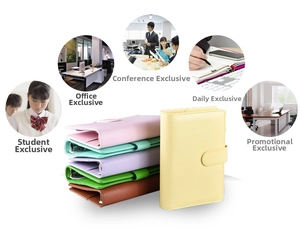 Detail of colorful A5/A6 PU leather ring binders with press-stud closure and usage scenes