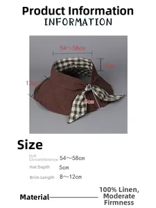 Detailed size chart for brown linen sun hat featuring green checkered ribbon accents