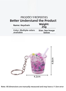 Close-up of strawberry fruit tea keychain showing realistic ice cubes and floating liquid
