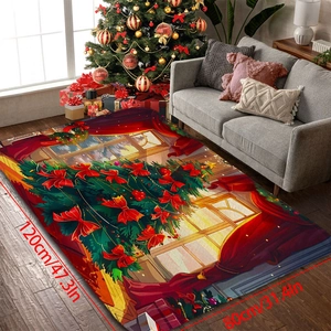 Christmas flannel absorbent non-slip floor mat with holiday tree illustration for home