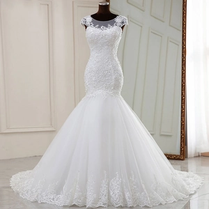 Wedding Dress Lace Mermaid Mesh Sequins Applique Elegant Bridal Gown Transparent Neckline Long Tail For Women
