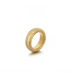 Detail showing 8mm wide gold stainless steel ring with textured horizontal ripples