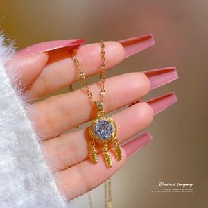 Golden dreamcatcher feather tassel necklace with zircon pendant for women's jewelry